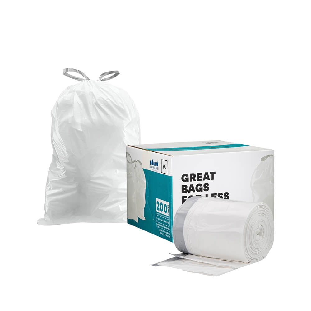 Code K Heavy Duty Drawstring Trash Bags | Compatible with simplehuman Code K 1.2 Mil | White Garbage Can Liners (50 Count) 9-12 Gallon / 35-45 Liter