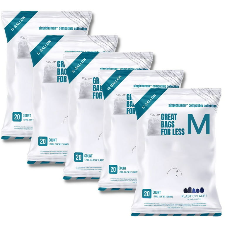 Plasticplace simplehuman®* Code N Compatible │ Custom Fit Trash Bags │  12-13 Gallon / 45-50 Liter White Drawstring Garbage Liners │ 22.5 x 31.5  (200 Count) 