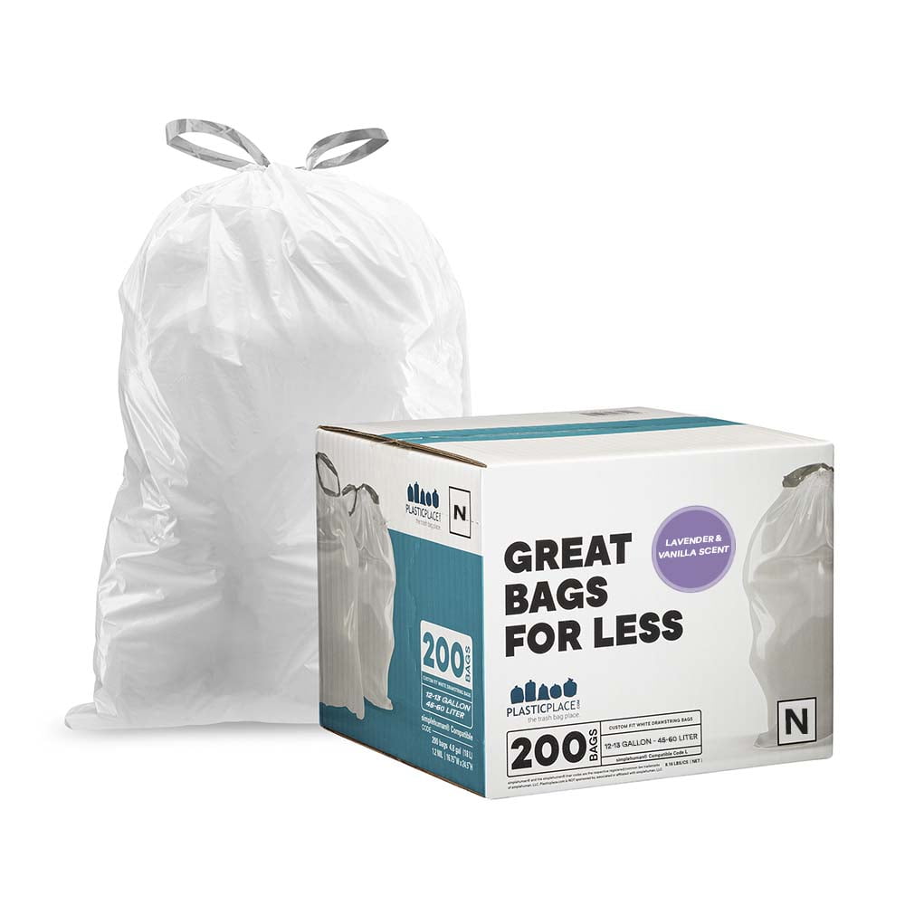 Plasticplace White Drawstring Lavender and Soft Vanilla Scented Garbage Can Liners Code N Compatible (200 Count) 12-13 Gallon / 45-50 Liter 1.2