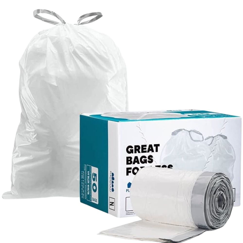Plasticplace simplehuman®* Code N Compatible │ Custom Fit Trash Bags │  12-13 Gallon / 45-50 Liter White Drawstring Garbage Liners │ 22.5 x 31.5  (200