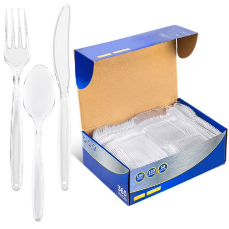 Plasticpro Clear Heavyweight Disposable Plastic Silverware - Cutlery 360 Combo Box (Including 180 Forks 120 Spoons 60 Knives)