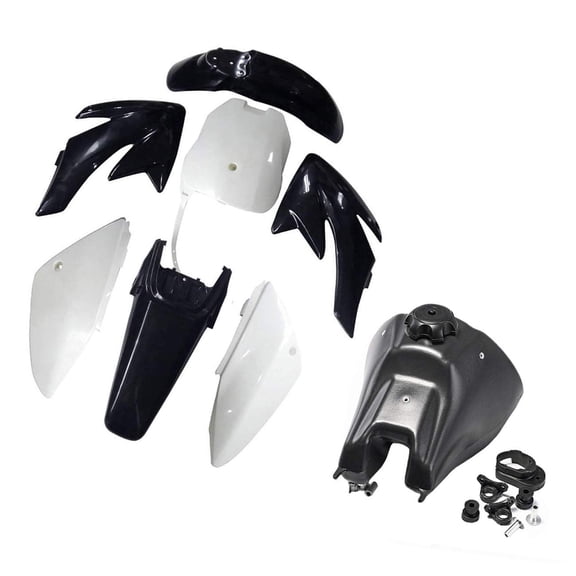 Plastics Fender Fairing Kit + Fuel Tank for CRF70F CRF 70 Dirt Pit Bike Taotao DB17 125cc 140cc 150cc 160cc 200cc 70cc 110cc Thumpstar Atomik Motorcycle (Black and White Platics)