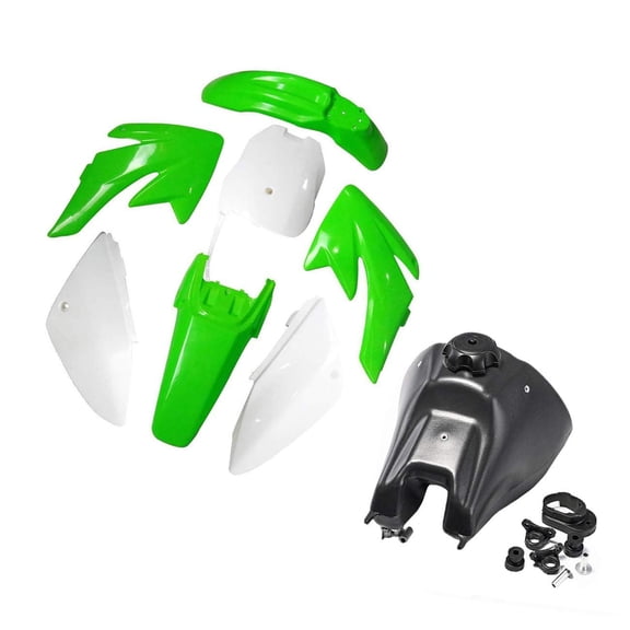 Plastics Fender Fairing Kit + Fuel Tank for CRF70F CRF 70 Dirt Pit Bike Taotao DB17 125cc 140cc 150cc 160cc 200cc 70cc 110cc Thumpstar Atomik Motorcycle (Green and White Plastics)