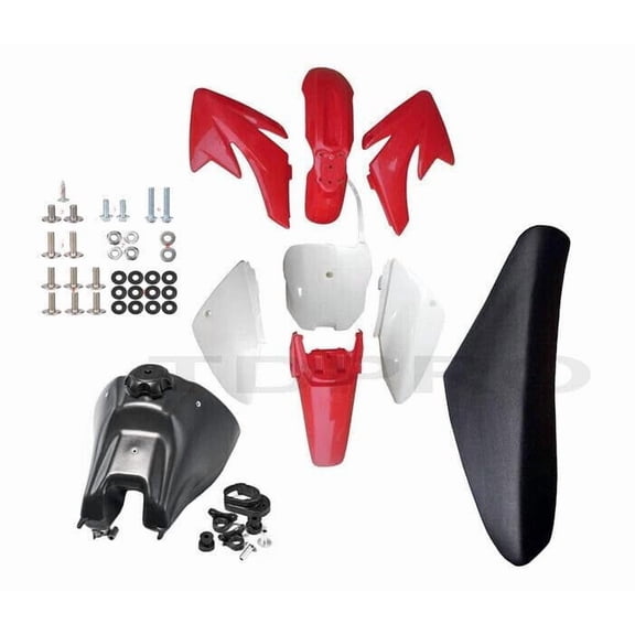 Plastics Fender Fairing Kit + Fuel Tank + Tall Seat + Mounting Bolts for CRF70F CRF 70 Dirt Pit Bike Taotao DB17 125cc 140cc 150cc 160cc 200cc Motorcycle (Red and White Plastics)