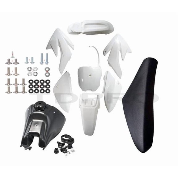 Plastics Fender Fairing Kit + Fuel Tank + Tall Seat + Mounting Bolts for CRF70F CRF 70 Dirt Pit Bike Taotao DB17 125cc 140cc 150cc 160cc 200cc Motorcycle (White Plastics)