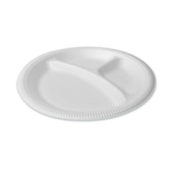 Plastifar 12201 9 in. Diameter 3-Compartment Plate Foam Dinnerware - White (500/Pack)