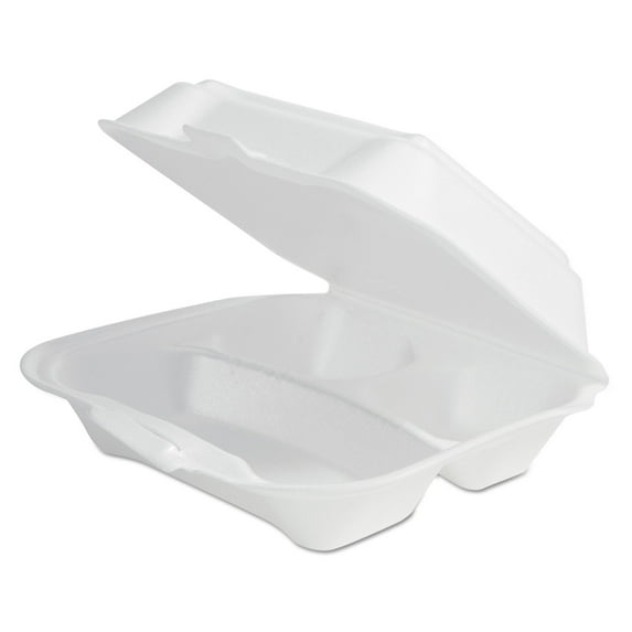 Plastifar Foam Hinged Lid Container Secure One Tab Latch, 3-Compartment, 7.81 x 8.75 x 3.38, White, 100/Sleeve, 2 Sleeves/Bag, 1 Bag/PK