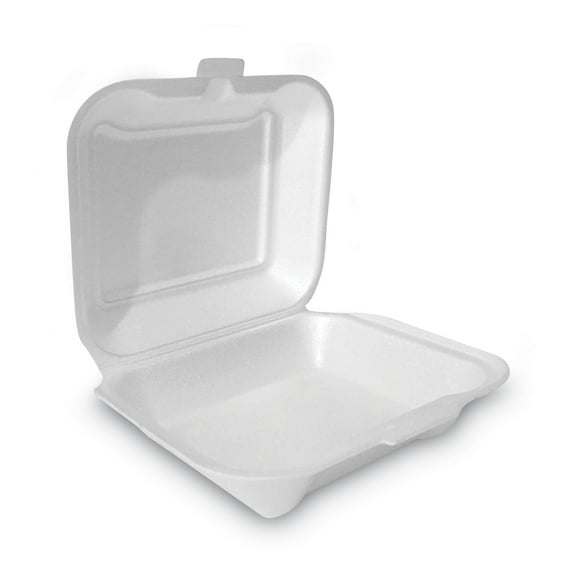 Plastifar 12018 7.81 in. x 8.75 in. x 3.38 in. Secure One Tab Latch Poly Bag Foam Hinged Lid Container - White (200/Pack)
