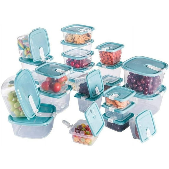 Plasutil Plastic Food Storage Container Set with Lids Attached. Steam Release Valve. 24 Pcs. Blue and Clear.
