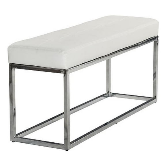 Plata Import Reign Tufted Metal Bench in White Faux Leather