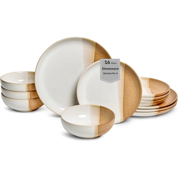 Plate & Bowl Set, Caramel Stoneware with a Rustic White Glaze, for Daily Dining & Entertainment, Microwave & Dishwasher Safe | Phoebe 12-Piece Multicolor Stoneware Dinnerware Set Service for 4