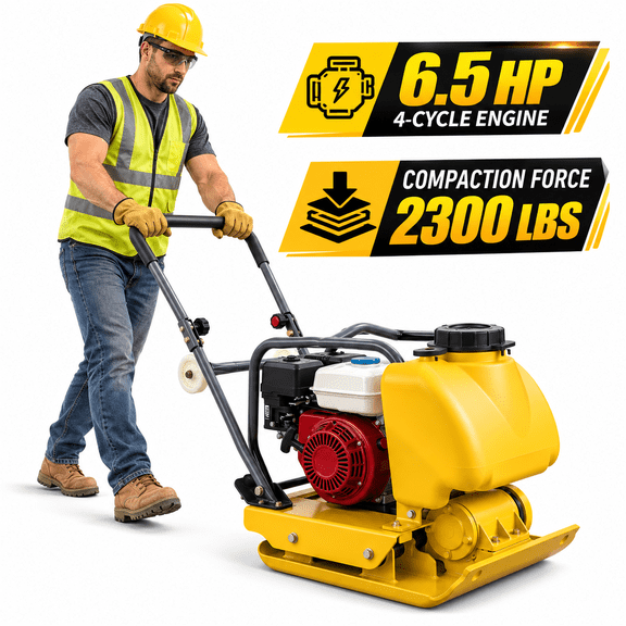 Plate Compactor, 6.5 HP Gas Soil Compactor with Wheels, 2300 lbs Vibratory Compactor, 4 Gal Tank for Asphalt Patching, Patio & Sidewalk