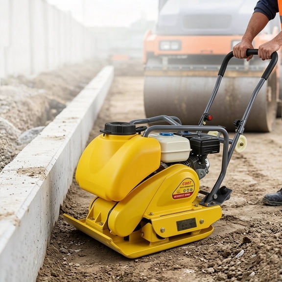 Plate Compactor, Plate Compactor Gas Powered with Foldable Handle and Water Tank, Soil Compactor Tool for Residential Construction, Courtyard Preparation and Confined Space Compaction