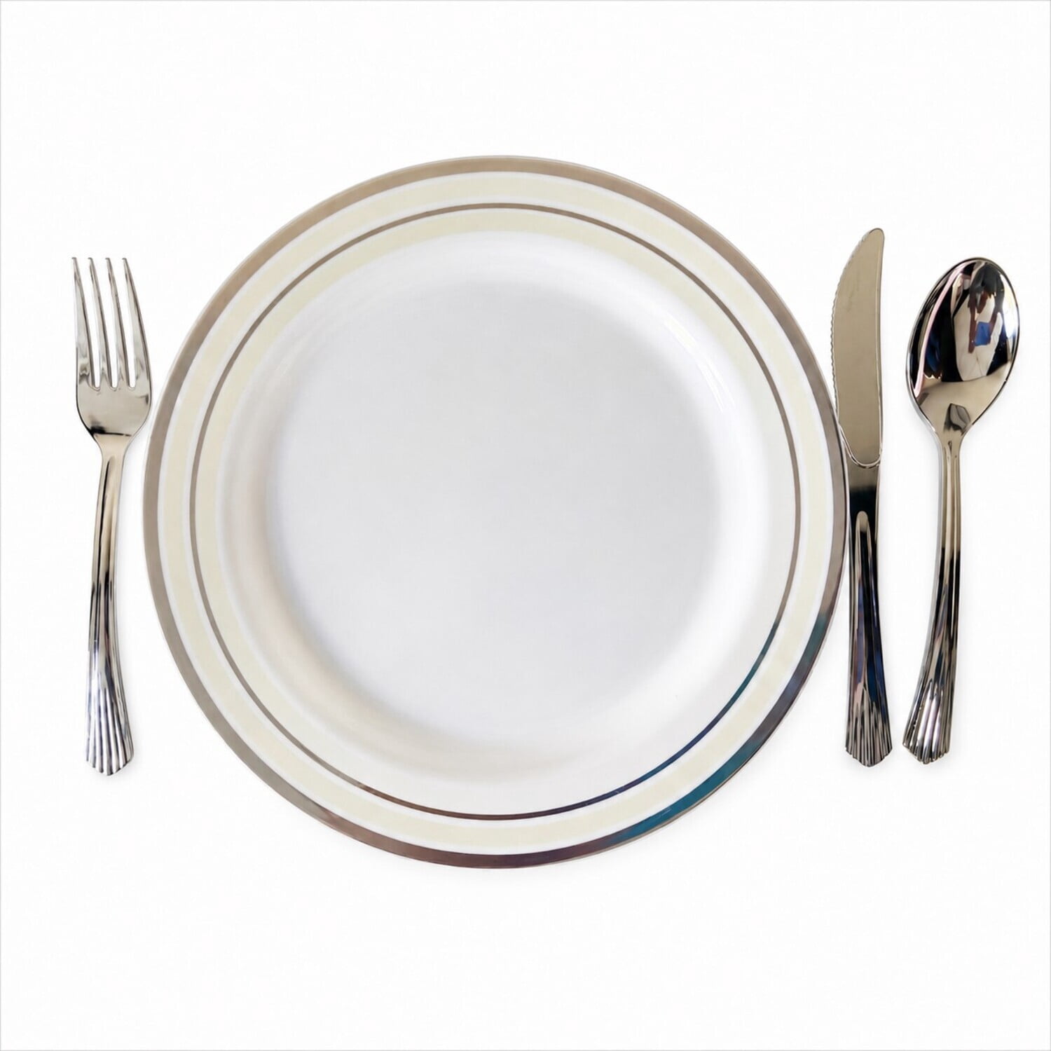 Silver and White Plastic Plate and Cutlery Set, 60 Pieces, Serves 12, 10.25 in and 7.5 in Plates, by Way To Celebrate