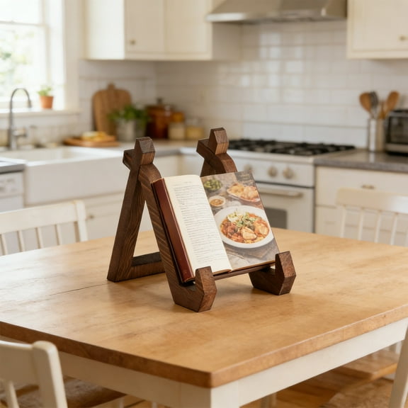 Plate Display Stand, Wooden Kitchen Countertop Recipe Bookshelf, Rustic Brown Wood Multi-Angle Display Stand for Cookbooks, Tablets, Sheet Music, Magazines, Art & Records