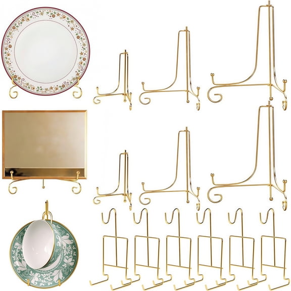Plate Holder 6-Pack Foldable Gold Stands + 6 Cup Racks for Decorative Plates, Artwork, Cookbooks, Tea Cups
