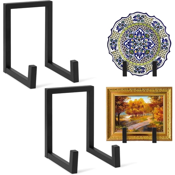 Plate Holder Stands for Display - 8 Inch Metal Picture Plaque Frame Photo Stand Displaying, Large Black Easels for Books Platters Artworks Collectibles Dishes Creation Tabletop Decor