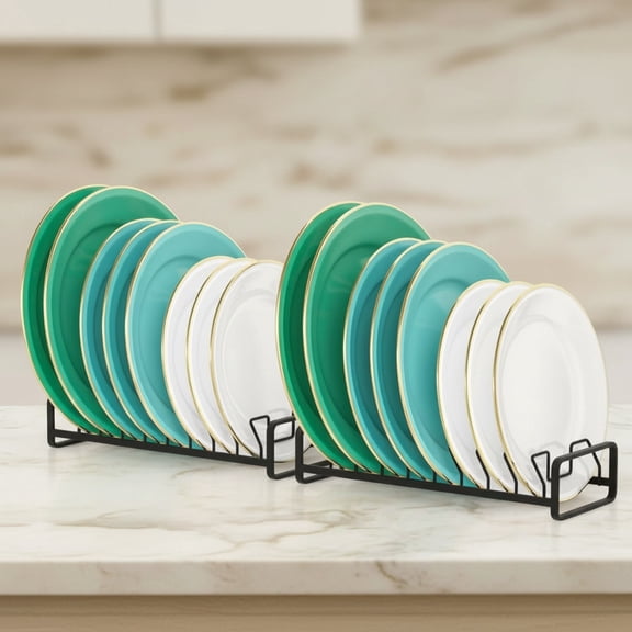 Plate Organizer for Cabinet (2-Pack), Kitchen Dish Rack Organizer for Cabinet Countertop Drawer Space Saver, 8 Slots Vertical Plate Holder Storage Rack, Housewarming Kitchen Gifts (Black)