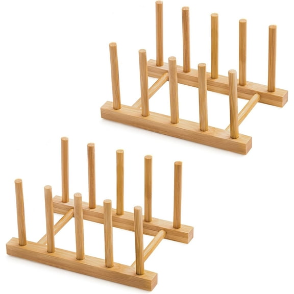 Plate Organizer for Cabinet, 5 Grids Wooden Dish Racks Vertical Drainer Kitchen Cabinet Organizer for Dish, Pots, Lids, Bowls, Cups, and Cutting Boards and Books(2 Pack)