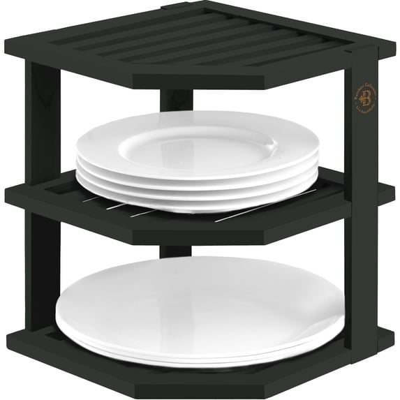 3-Tier Bamboo Corner Shelf Organizer for Cabinets & Countertops, Plate & Bowl Rack Stand for Kitchen, Pantry or Bathroom, Freestanding Space-Saving Corner Storage, Black