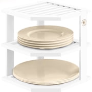 3-Tier Bamboo Corner Shelf Organizer for Cabinets & Countertops, Plate & Bowl Rack Stand for Kitchen, Pantry or Bathroom, Freestanding Space-Saving Corner Storage, White