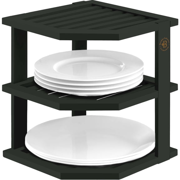 3-Tier Bamboo Corner Shelf Organizer for Cabinets & Countertops, Plate & Bowl Rack Stand for Kitchen, Pantry or Bathroom, Freestanding Space-Saving Corner Storage, Black