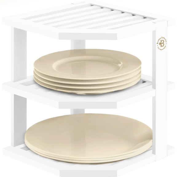 3-Tier Bamboo Corner Shelf Organizer for Cabinets & Countertops, Plate & Bowl Rack Stand for Kitchen, Pantry or Bathroom, Freestanding Space-Saving Corner Storage, White