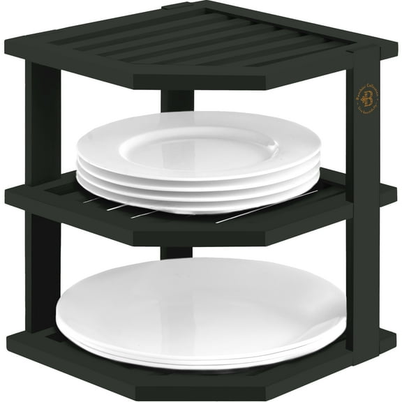 3-Tier Bamboo Corner Shelf Organizer for Cabinets & Countertops, Plate & Bowl Rack Stand for Kitchen, Pantry or Bathroom, Freestanding Space-Saving Corner Storage, Black