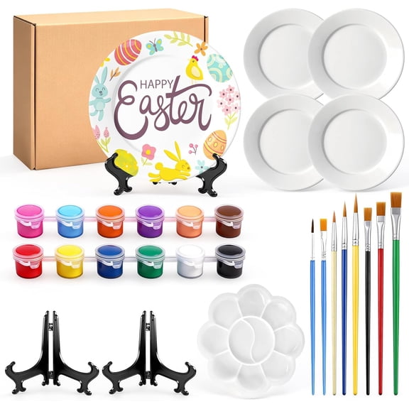 Plate Painting Kit, Paint Your Own Ceramic Includes 4 Porcelain Plates 12 Paints 8 Paint Brushes 2 Stands 1 Palette Ceramic Plates to Paint for Easter Creating Practical Art Perfect Gift