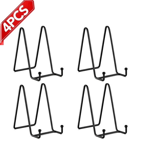 Qutool 4.5in Plate Stands, 4-Pack Metal Display Easels for Picture Frames, Decorative Plates, Photos, Artwork, Tabletop Display Stands, Black