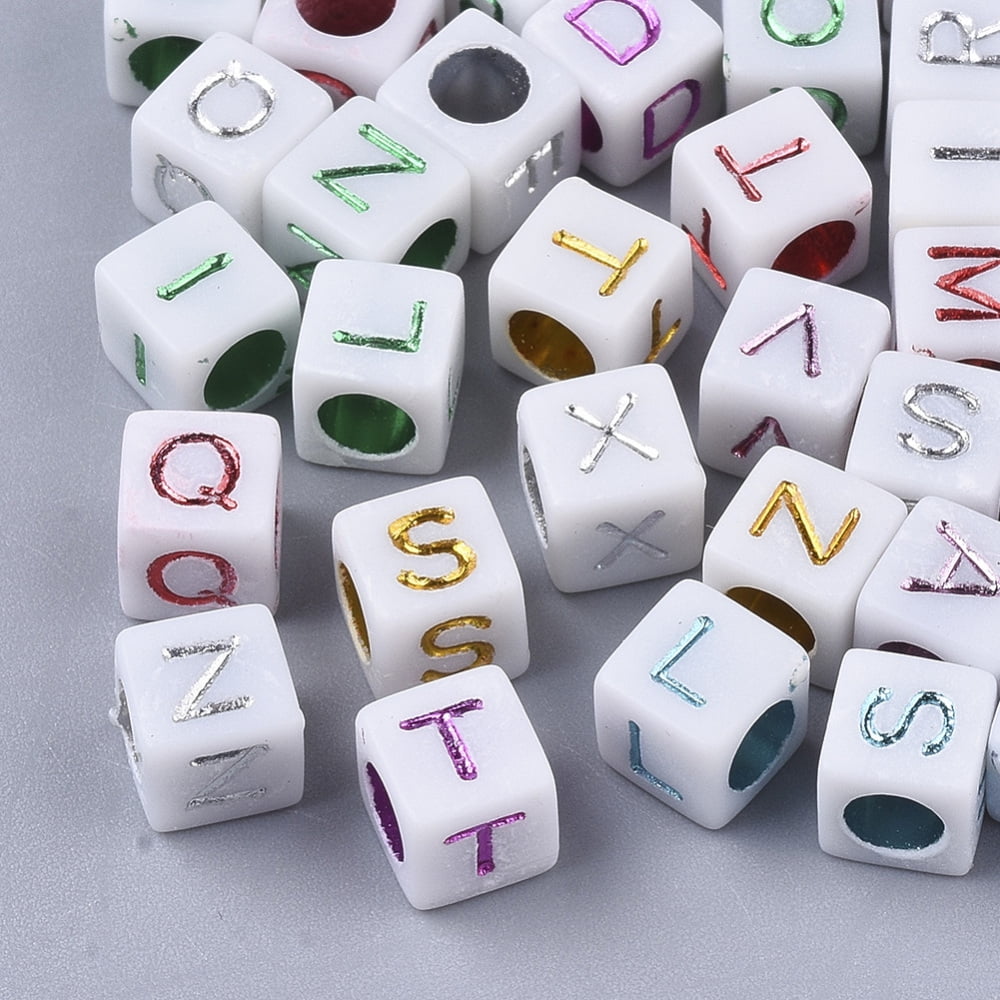 Plated Acrylic Beads Horizontal Hole Cube with Random Initial Letter Mixed Color 6x6x6mm Hole: 3.5mm about 3270pcs/500g DIY