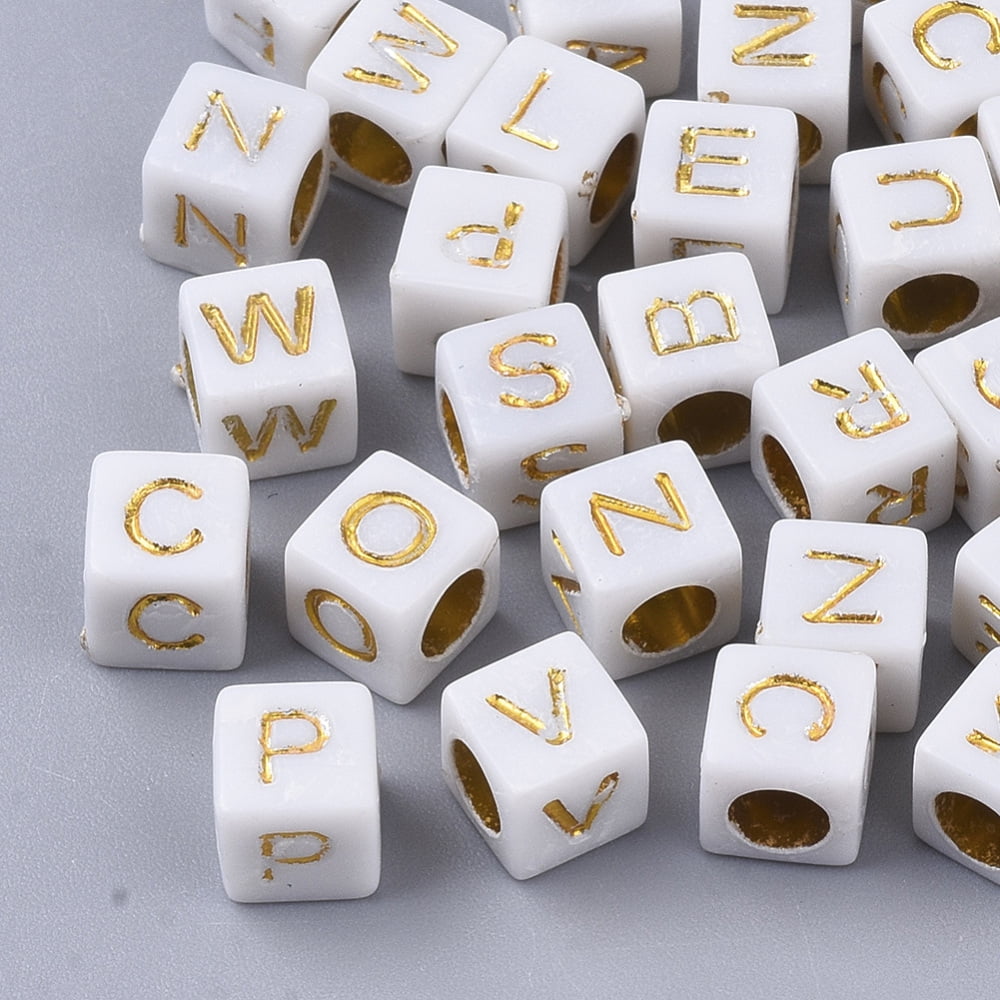 Plated Acrylic Beads Horizontal Hole Cube with Random Initial Letter golden 6x6x6mm Hole: 3.5mm 3270pcs/500g