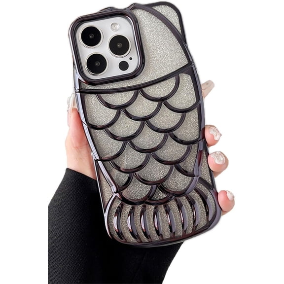 Plated Fish Shape Scale Grid Glitter Powder Soft for iPhone Case (Black,iPhone 11)