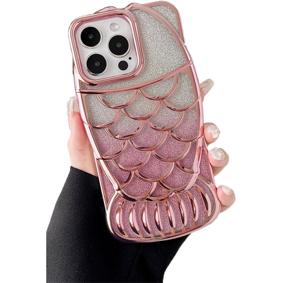 Plated Fish Shape Scale Grid Glitter Powder Soft  for iPhone Case (Pink,iPhone 15)