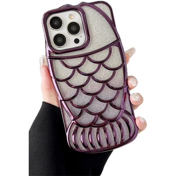 Plated Fish Shape Scale Grid Glitter Powder Soft  for iPhone Case (Purple,iPhone 13 Pro)