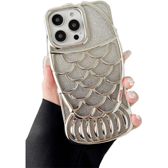 Plated Fish Shape Scale Grid Glitter Powder Soft for iPhone Case (Silver,iPhone 15)