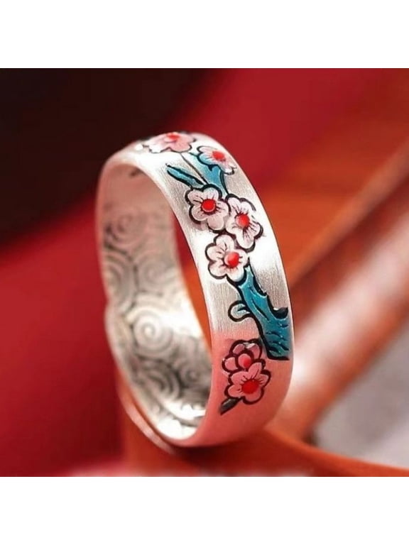 Plated Silver Adjustable Plum Blossom Ring Enamel Chinese Royal Style Handmade Flower Jewelry for Women