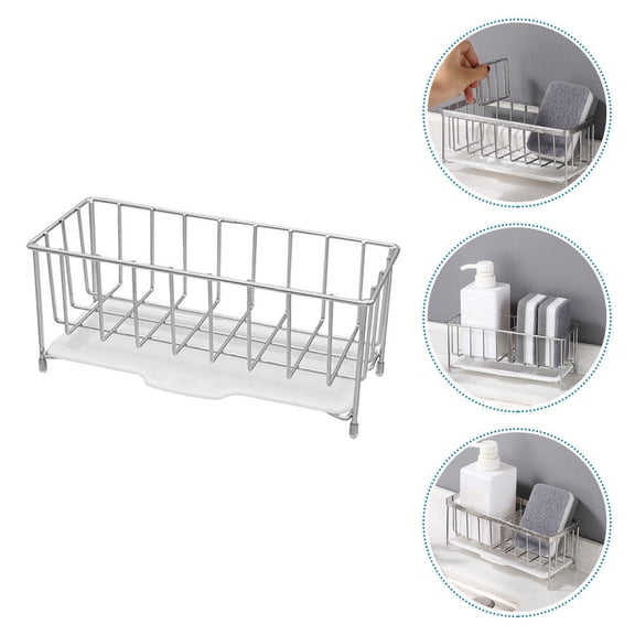 Plated Silver Stainless Steel Countertop Sponge Holder with Brush and Soap Storage for Kitchen