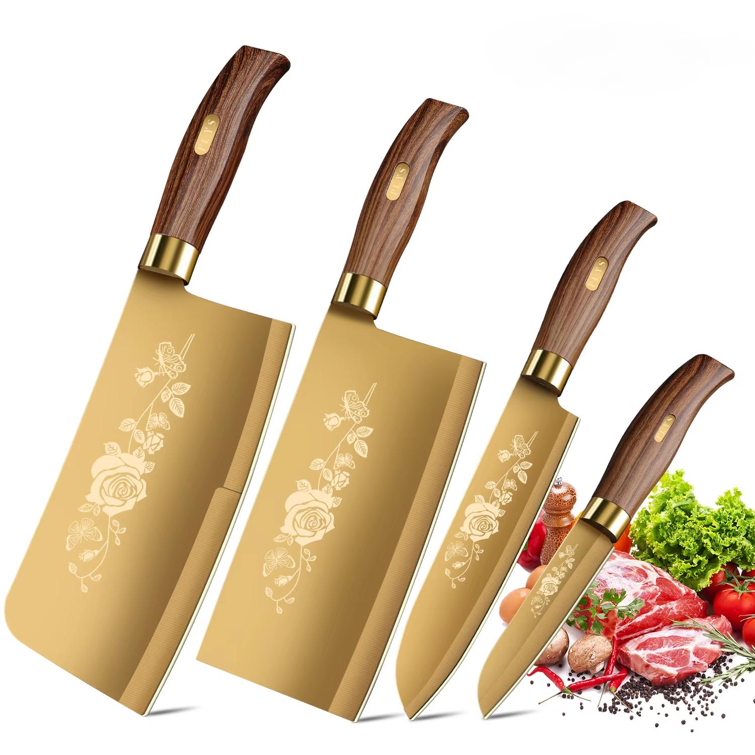 Plated Titanium Kitchen Knives Set with Ergonomics Handle. Stainless Steel Chef Conplete 4 PCS Set Knives for Home Cooking and Professional Resturant Use
