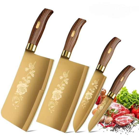 Plated Titanium Kitchen Knives Set with Ergonomics Handle. Stainless Steel Chef Conplete 4 PCS Set Knives for Home Cooking and Professional Resturant Use