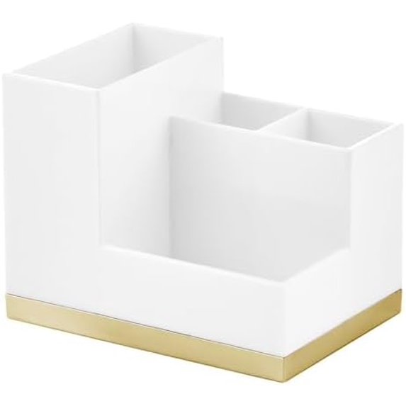 Plated Toothbrush and Toothpaste Holder - Storage Organizer Stand with 4 Compartments for Bathroom Countertop - Holders for Electric Toothbrush, Toothpaste - Hyde Collection - White/Soft Brass