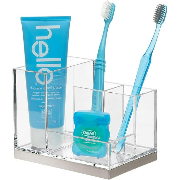Plated Toothbrush and Toothpaste Holder, Storage Organizer Stand with 4 Compartments for Bathroom Countertop, Holders for Electric Toothbrush, Toothpaste, Hyde Collection, Clear/Brushed Chrome