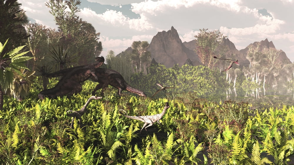Plateosaurus and Ceolophysis dinosaurs of the Triassic period Canvas Art - Arthur DoretyStocktrek Images (19 x 11)