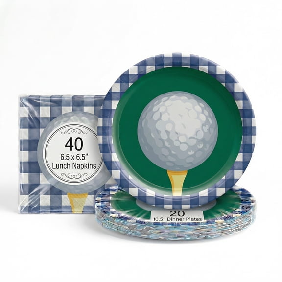 Plates And Napkin Kit Golf Hole In One Theme Paper, 40 Lunch Napkins, 20 10.5-Inch Plates