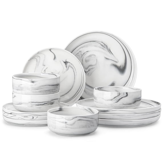 Plates And Sets 12 Pieces Porcelain Dinnerware Dishware Cresistant Ceramic Dish Set Dining Dinner Ware Service For 4 Marble Grey Series Luna