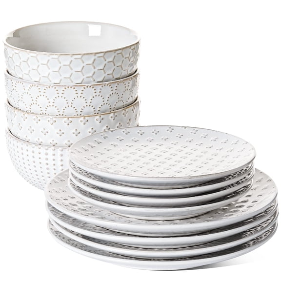 Plates And Sets For 4 12 Piece Ceramic Dinnerware Modern Stoneware Kitchen Dish Set Cresistantwave & Dishwasher Safe Embossed Arctic White