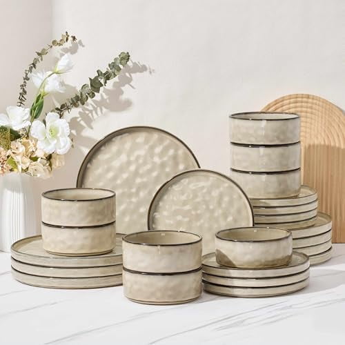 Plates and Bowls Dinnerware Sets for 8, 24 Pieces Stoneware Dishes Sets, Dishware for Dinner, Salad, Dessert, Dishwasher & Microwave Safe, Cream Khaki