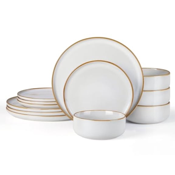 Plates and Bowls Set for 4 12-Piece Stoneware Dinnerware Sets Ceramic Dinning Ware Reactive Glaze Dishes Set Microwave Dishwasher Safe - Seashell White