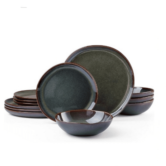 Plates and Bowls Set, Stoneware Dinnerware Sets, 12-Piece Hand-painted Dishware for 4, Ceramic Dinner Set for Home Kitchen, Scratch Resistant, Microwave and Dishwasher Safe, Reactive Moss Green