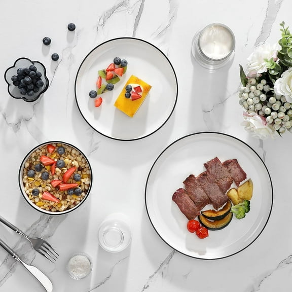 Plates and Bowls Sets, 12 Pieces Modern Porcelain Dinnerware Set for 4 White Kitchen Dinner Dining Ware Set with Black Rim Ceramic Dishware Dishes Microwave and Dishwasher Safe, Series LUNA